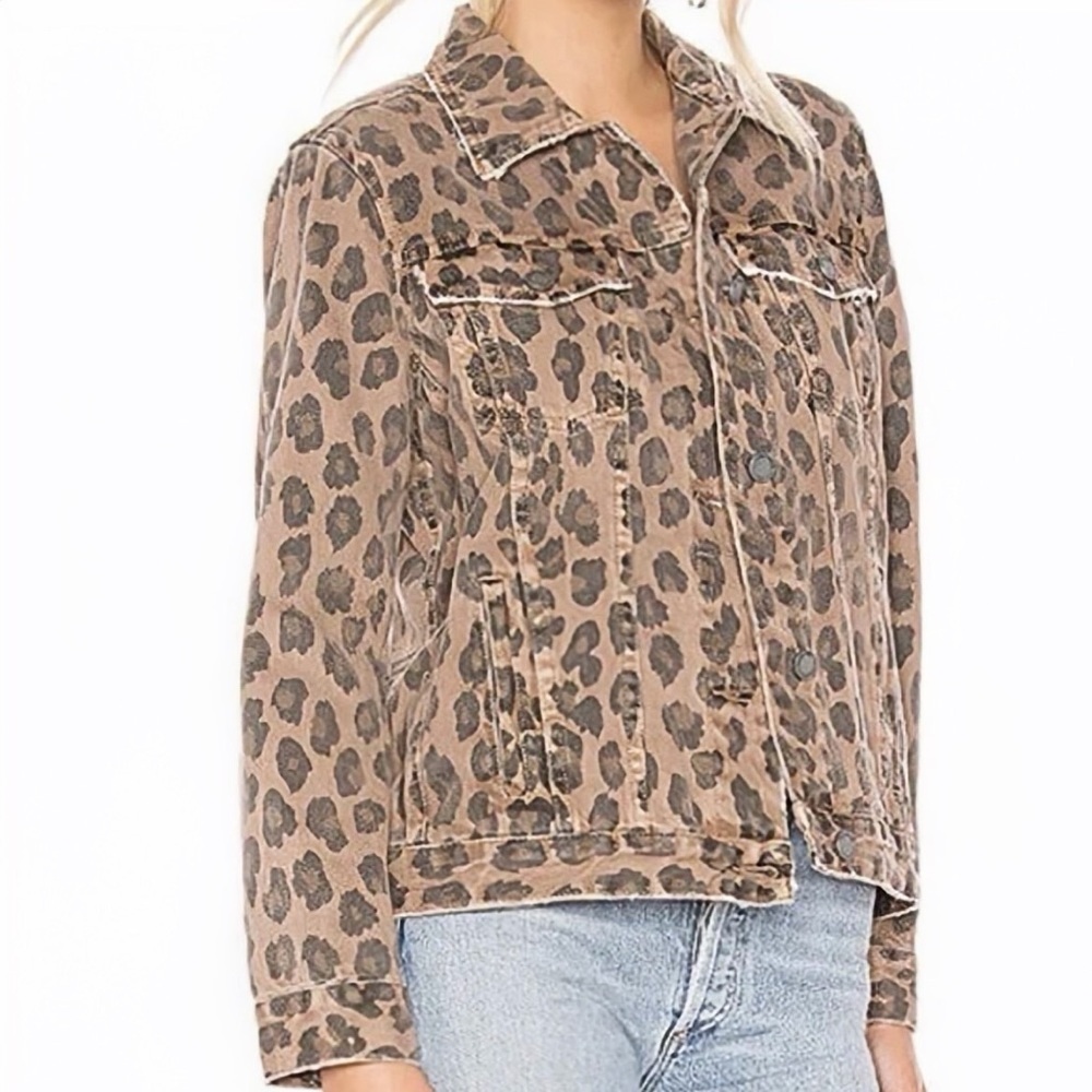 Blank NYC Denim Trucker Jacket in “Catwalk” Animal Print Neutral Rose / Brown XS